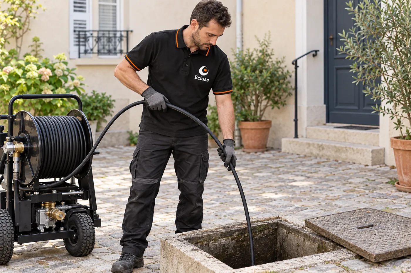 Hydrocurage d'un regard d'eaux usées dans la cour d'une résidence des Yvelines
