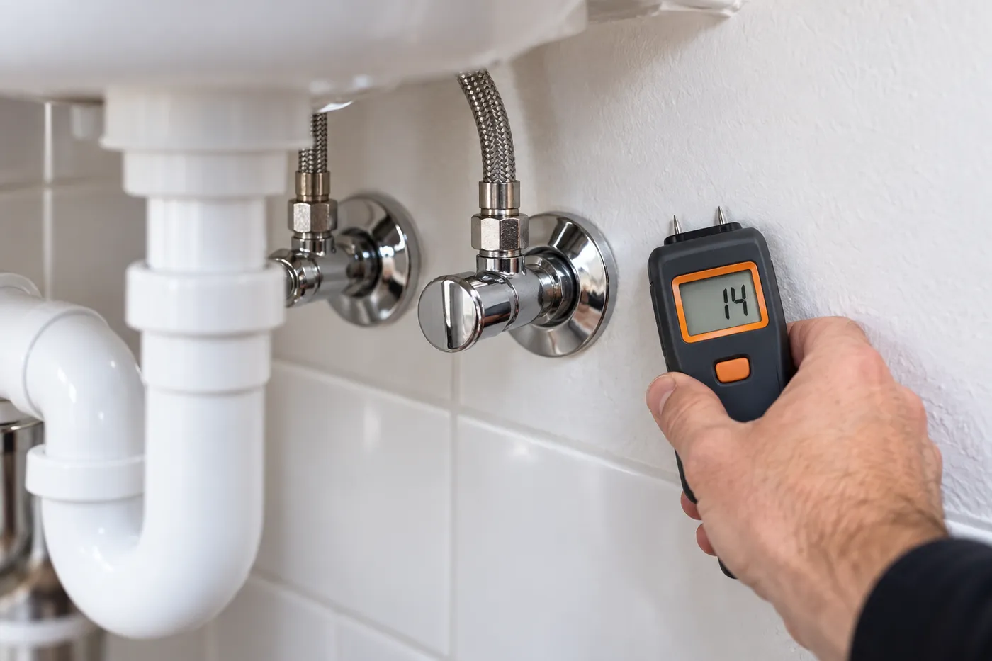 Recherche de fuite à l'humidimètre près des robinets d'arrêt sous un lavabo